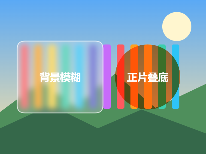 舞台上:左边是背景模糊的磨砂玻璃,右边是正片叠底的圆